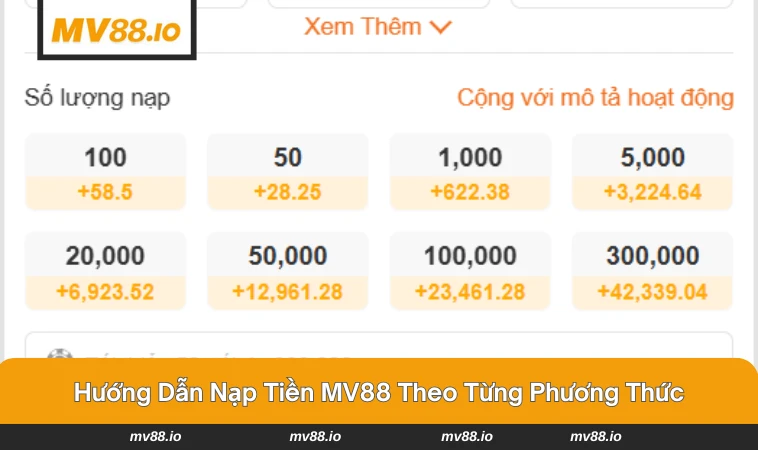 Giao diện lựa chọn phương thức nạp tiền tại MV88.