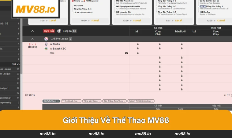 Giao diện cá cược thể thao tại MV88 với bảng kèo rõ ràng.