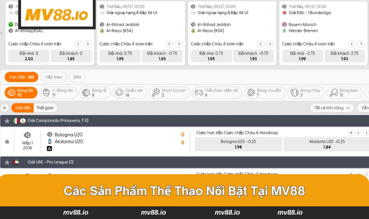 Nhiều môn thể thao đa dạng tại MV88 để người chơi lựa chọn.